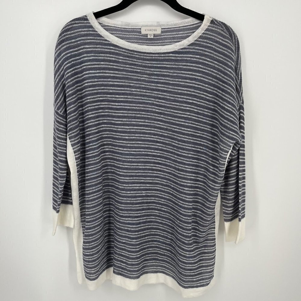 Kinross Womens Open Knit Pullover Sweater Size S Linen Striped Blue White Beach